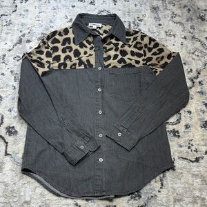 Macaron Leopard Print Denim Shirt Women’s Small Button Up Western Casual Top